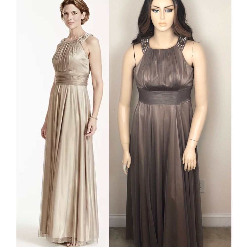 David’s Bridal CACHET Pewter Gold Tan Pearl & Gems Formal Evening Long Dress
